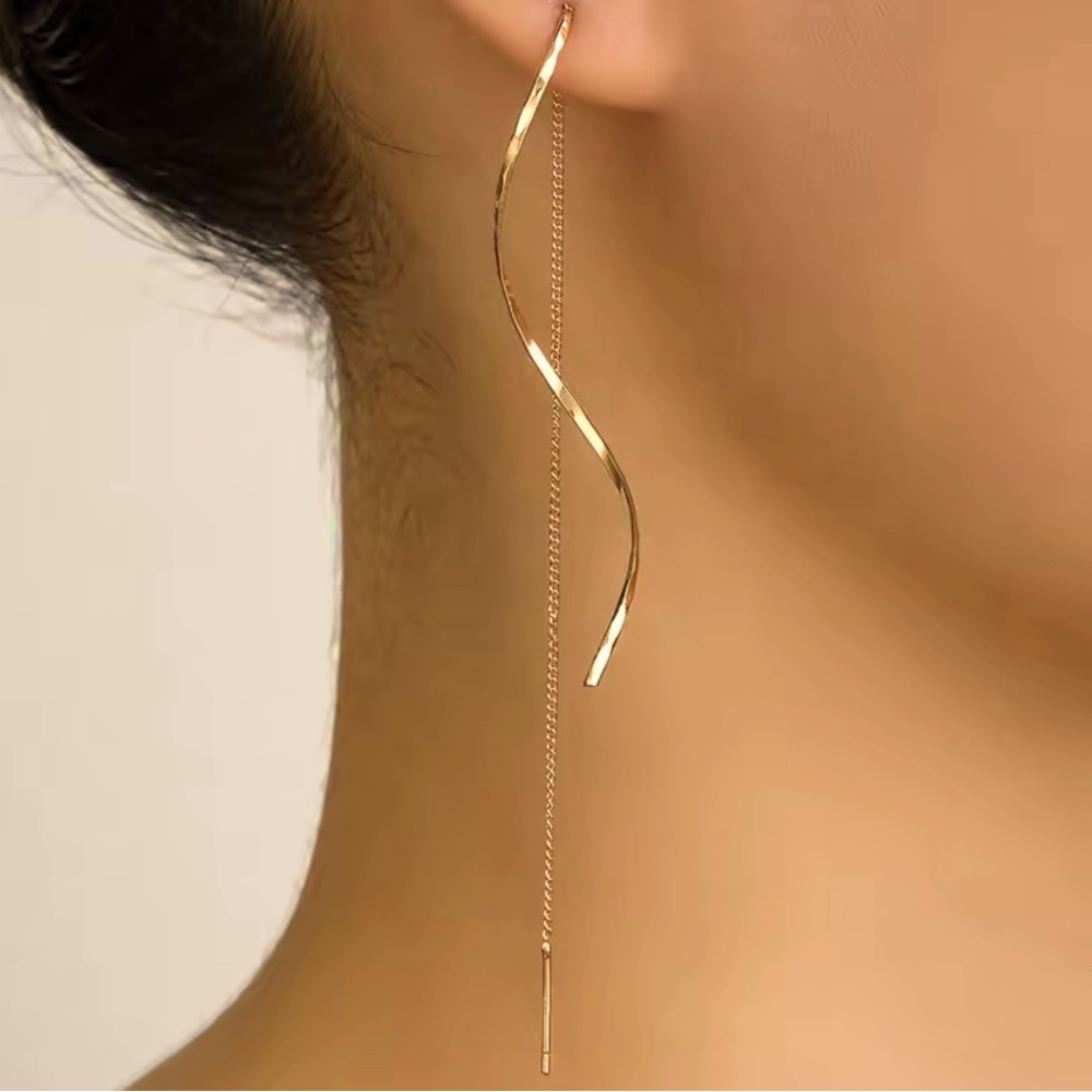 NIB gold tone dangle drop twist gold plated earrings ear chain pierced